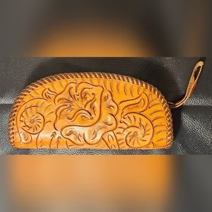 Vintage Tooled Leather Floral Design Clutch Purse with Wrist Strap